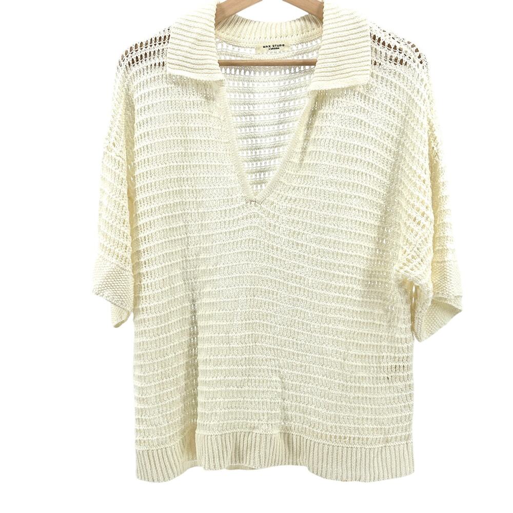Max Studio Cream Open Knit Short Sleeve Sweater Top